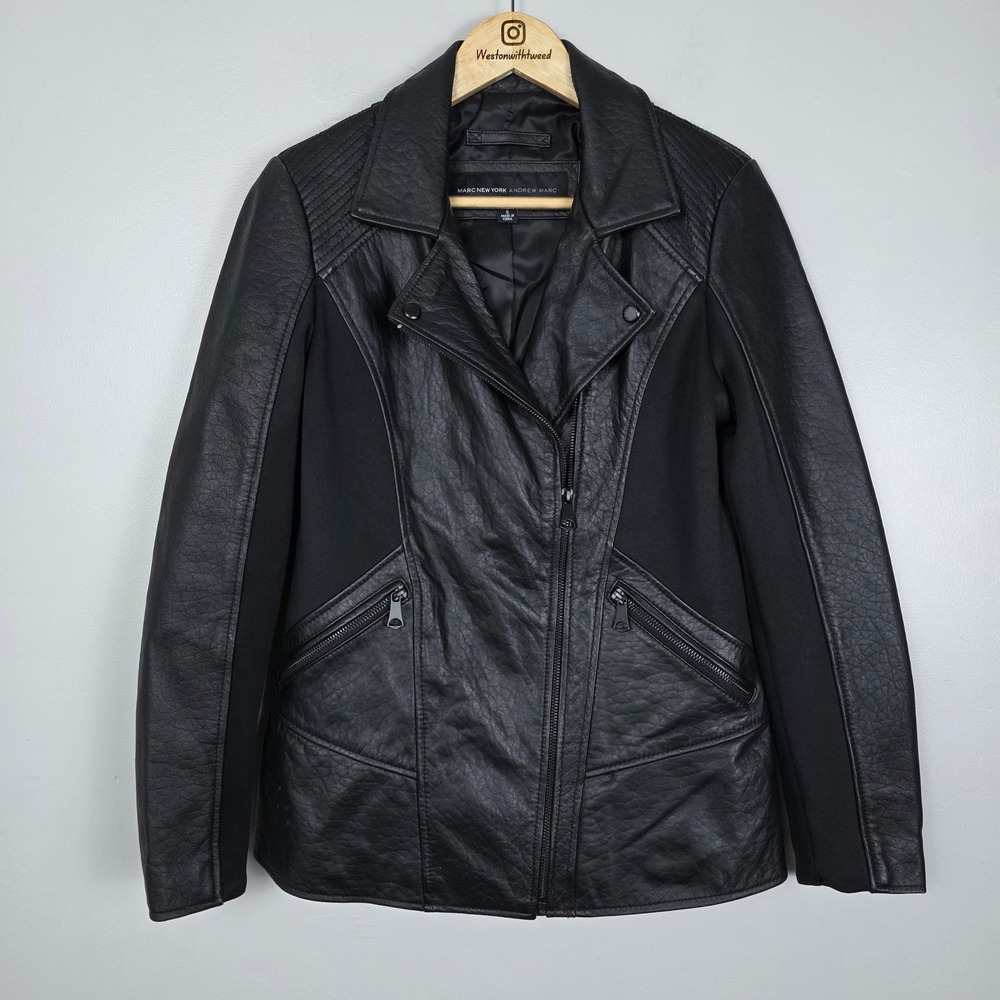 Marc New York Andrew Marc Black Lambskin Leather Moto Jacket Womens Size S